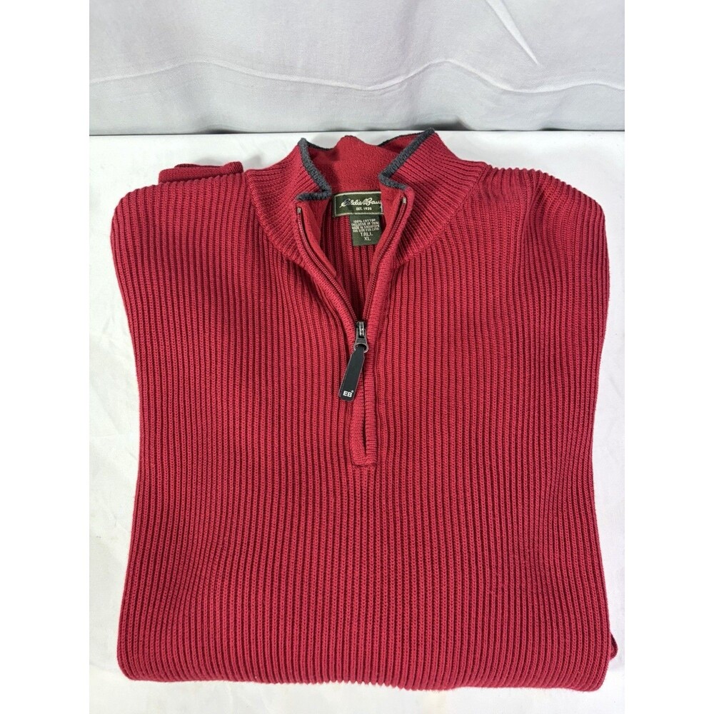Vintage Eddie Bauer sz XL Tall Red Black Zip Mock Neck Pull Over Sweater 1/4 Zip